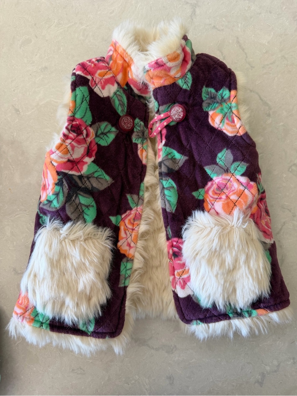Girls Floral Quilted Vest with Faux Fur Trim - Purple